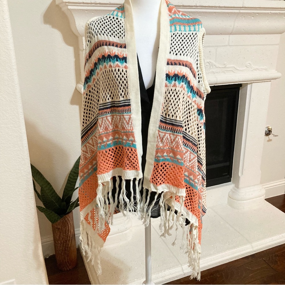Boho Sleeveless Cardigan Turquoise and Orange Sweater with Fringe Size Small S